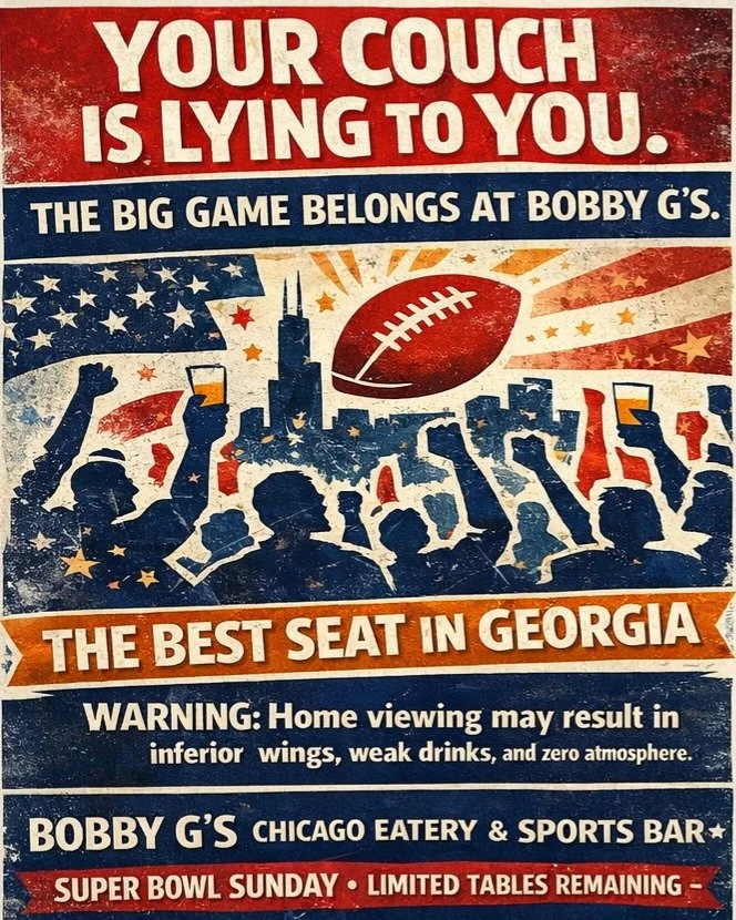 🏈🔥 THIS IS YOUR OFFICIAL WARNING.
Super Bowl Sunday was not meant to be watched alone on your couch with sad grocery store wings and a lukewarm drink.
The people are gathering at Bobby G's this Sunday &mdash; big screens, real Chicago food, cold dr