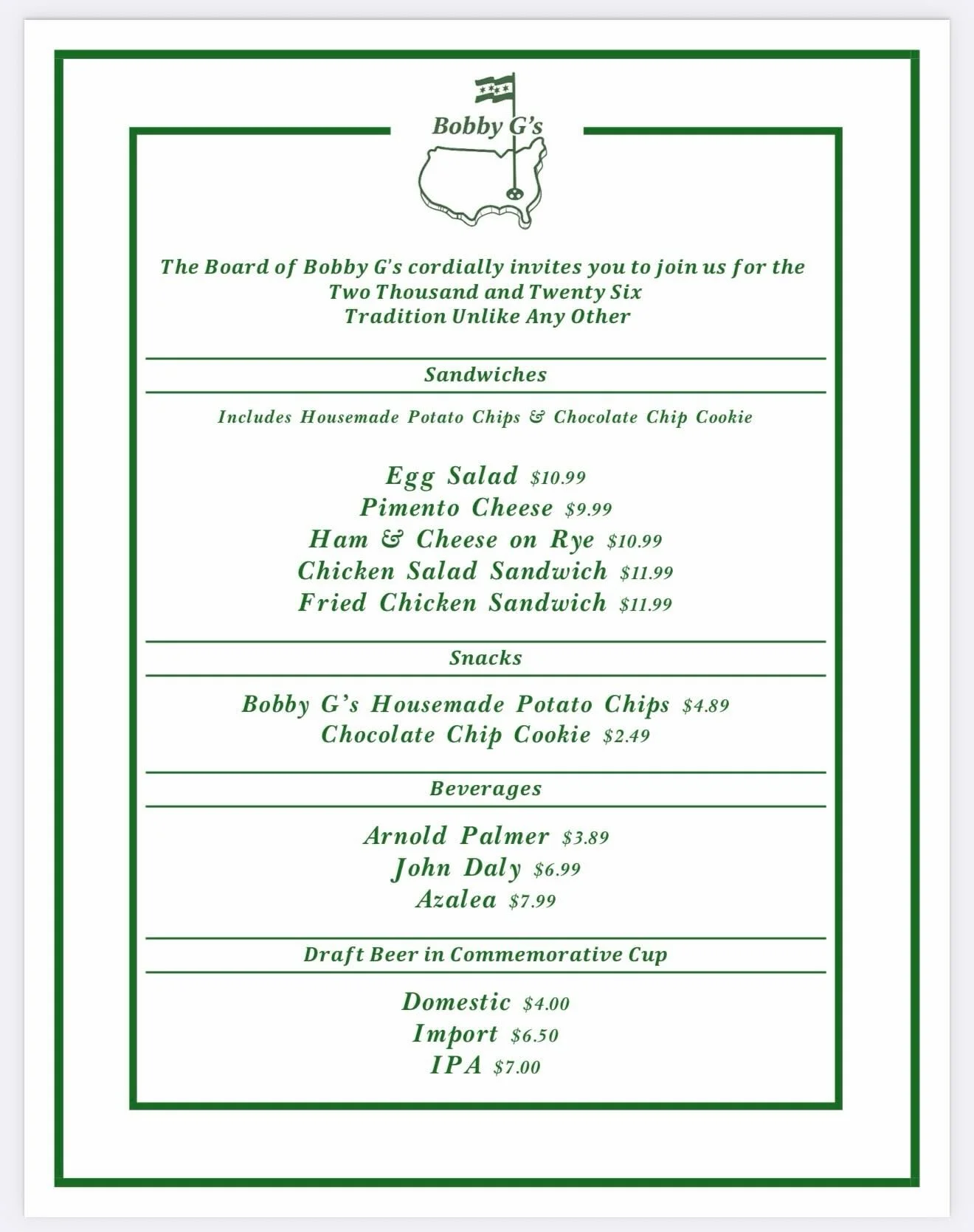 ⛳️ A Tradition Unlike Any Other at Bobby G&rsquo;s! ⛳️
We&rsquo;re bringing Augusta to you as we did last year! Join us for The Masters and enjoy our exclusive tournament menu and take home one of our limited-edition commemorative cups.
Grab a piment