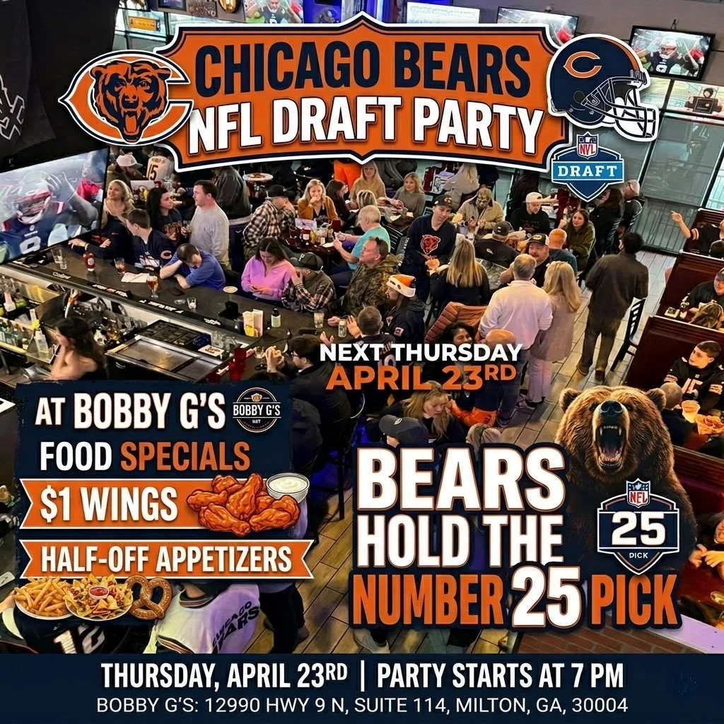Draft PARTY at Bobby G&rsquo;s
Join us next Thursday, April 23rd, as the Chicago Bears take the stage for the NFL Draft. We are hosting the ultimate watch party right here in Milton, and you will not want to miss a single pick.
The Bears currently ho