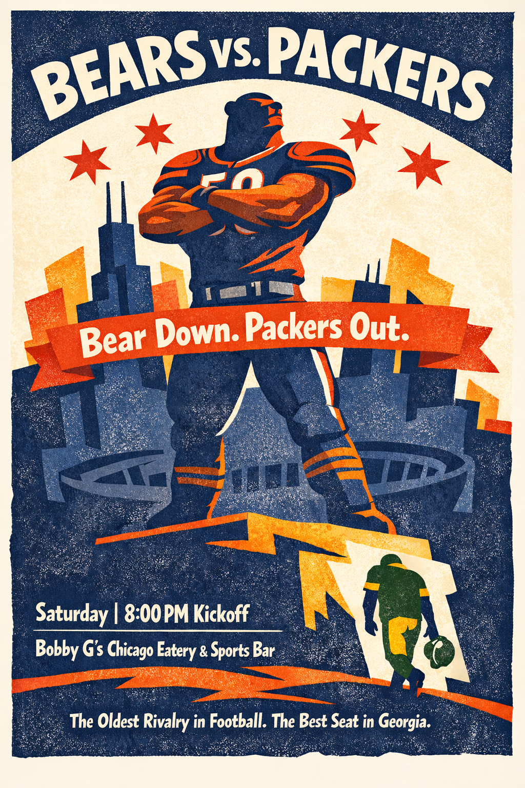A football game promotional poster showing a muscular bear player wearing a blue and orange uniform with the number 50, standing confidently with crossed arms. The background features a city skyline and the stadium. Text reads: 'Bears vs. Packers,' '