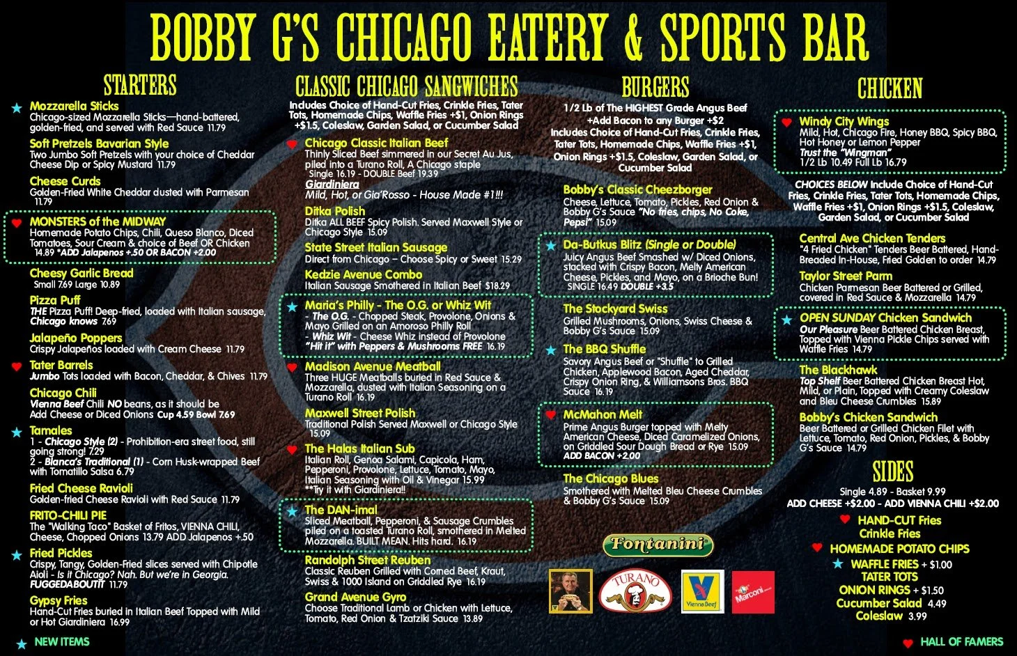 Menu board for Bobby G's Chicago Eatery & Sports Bar featuring starters, classic Chicago sandwiches, burgers, chicken options, sides, and special items. Notable sections include Windy City Wings, Da-Butkus Blitz, McMahon Melt, and Our Pleasure Chicke