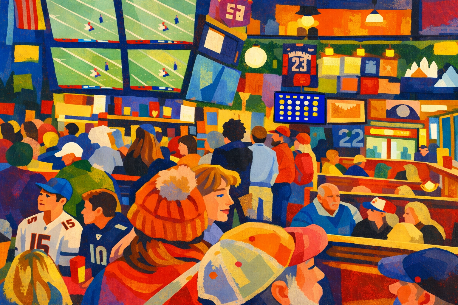 Colorful painting of a crowded sports bar with multiple screens showing football games, people watching and socializing, wearing sports jerseys and hats.