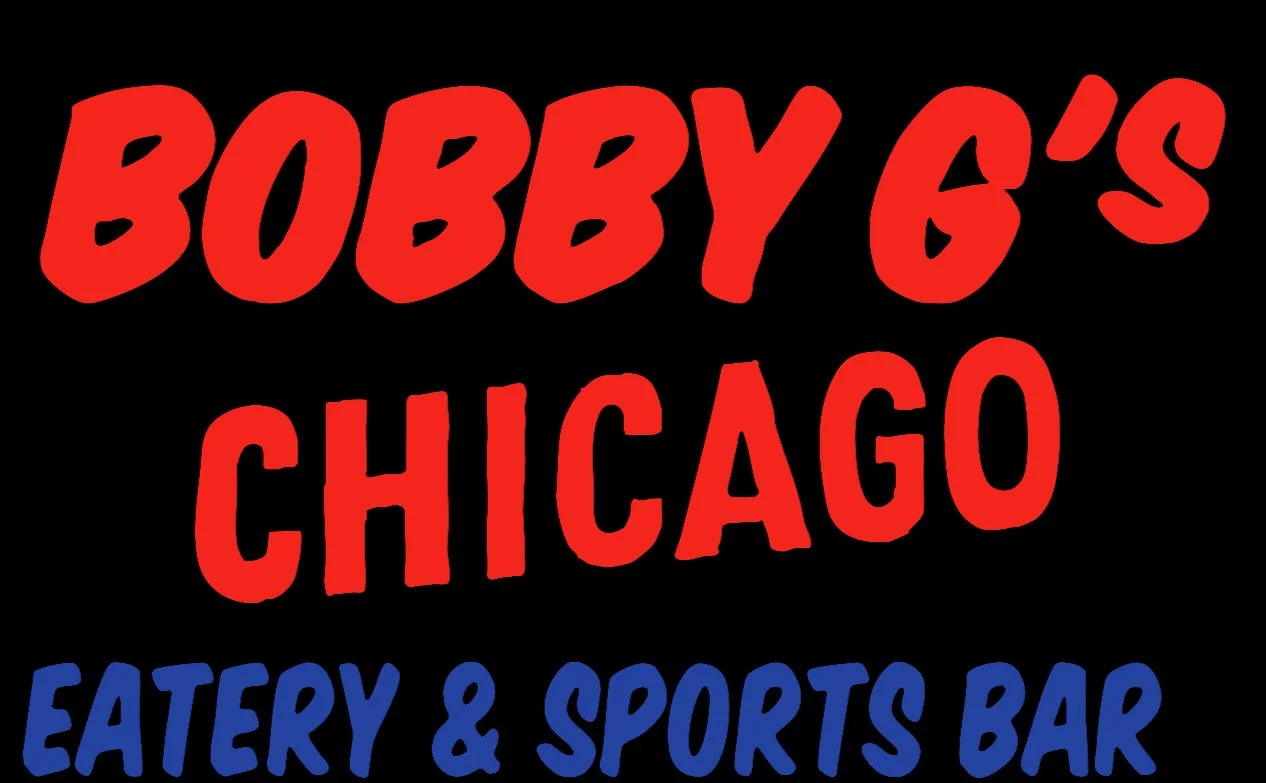 Sign for Bobby O's Chicago Eatery & Sports Bar with red and blue text on a black background.
