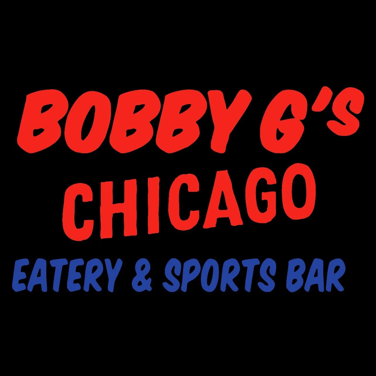 Sign with red and blue text on black background reading "Bobby G's Chicago" and "Eatery & Sports Bar".