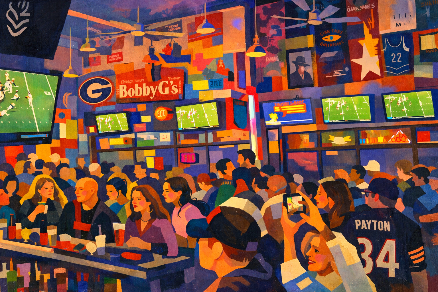 A vibrant scene inside a sports bar with many people watching a football game on multiple large screens. The decor includes various signs and posters, and some patrons are taking photos or drinking while others are engaged in conversation.