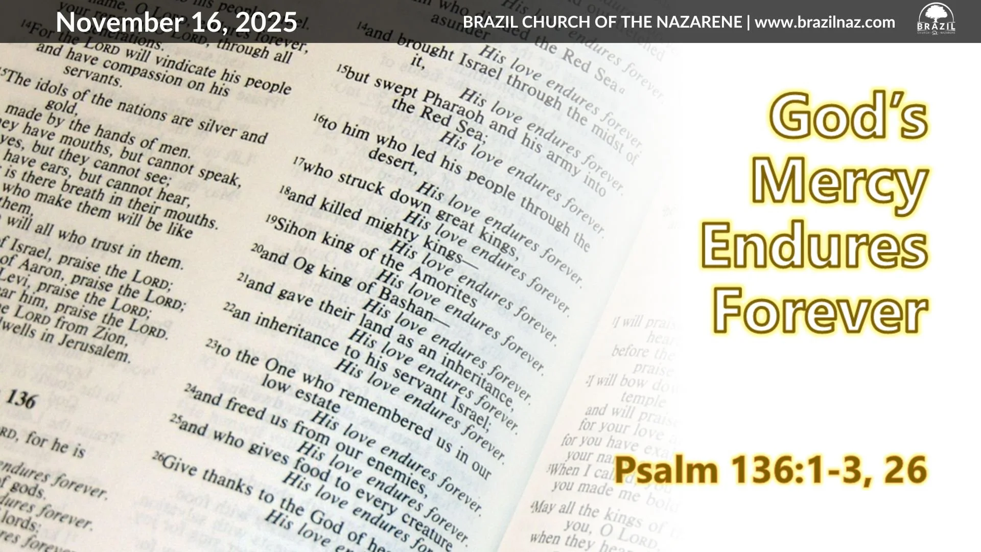 "God’s Mercy Endures Forever" (Psalm 136:1-3, 26)