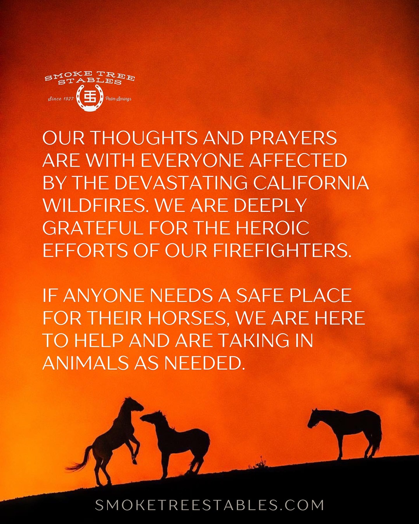 Our thoughts and prayers are with everyone affected by the devastating California wildfires. We are deeply grateful for the heroic efforts of our firefighters.
*** If anyone needs a safe place for their horses, we are here to help and are taking in a