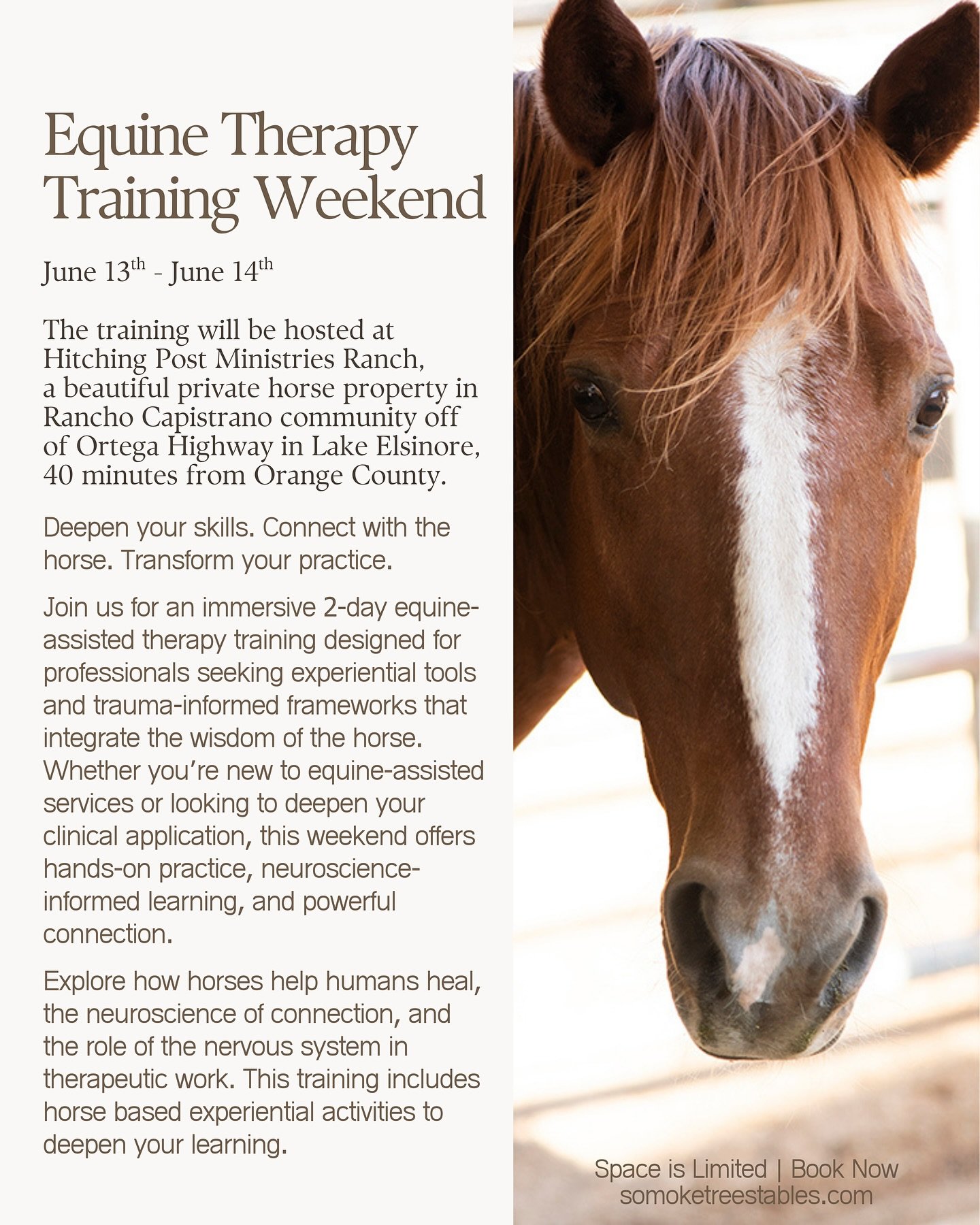 Equine Therapy
Training Weekend
June 13th _ June 14h

The training will be hosted at
Hitching Post Ministries Ranch, a beautiful private horse property in Rancho Capistrano community off of Ortega Highway in Lake Elsinore, 40 minutes from Orange Coun