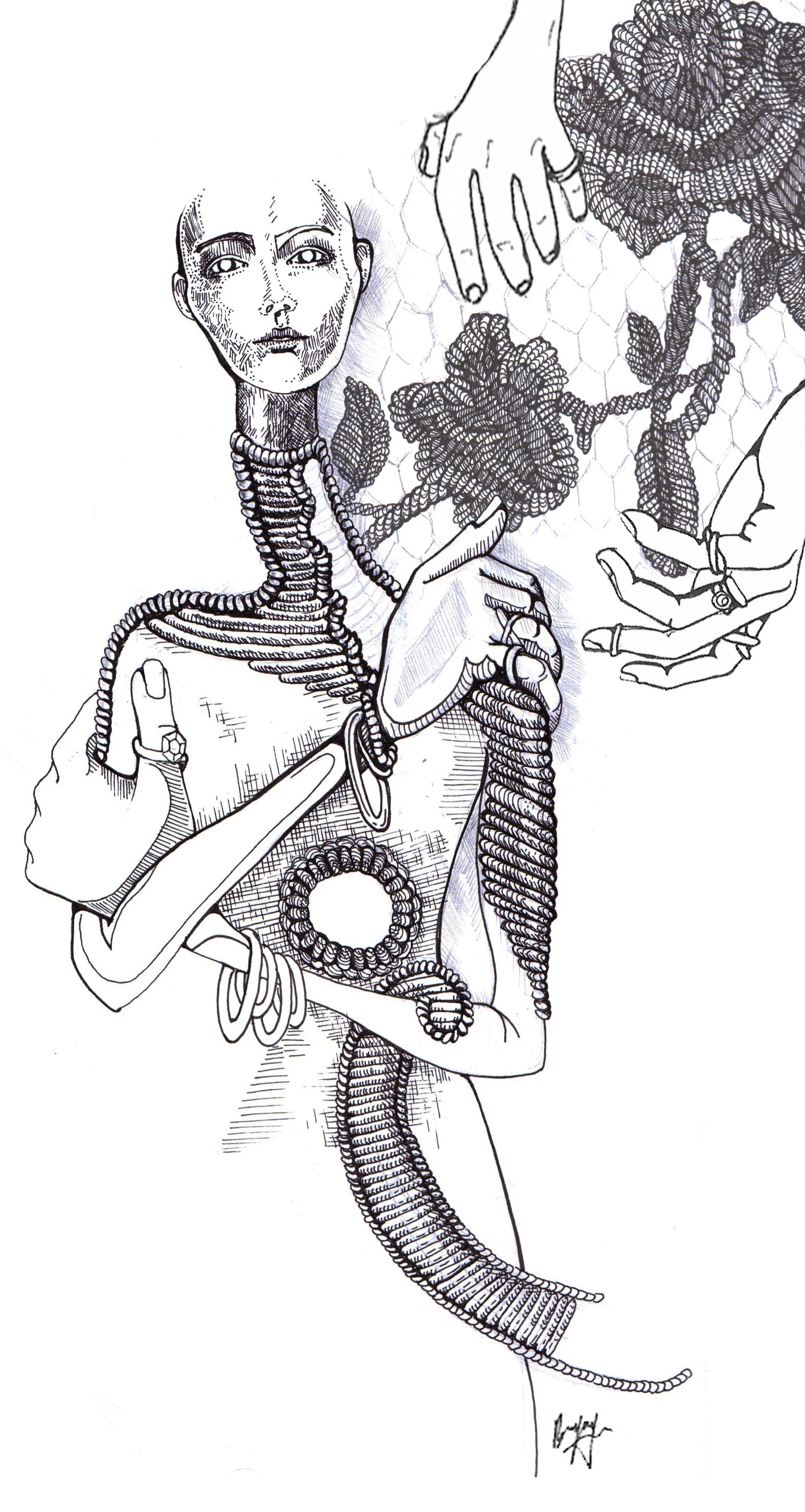 Pen and ink illustration using gold work, cutwork and satin stitch embroidery as pattern and detail.