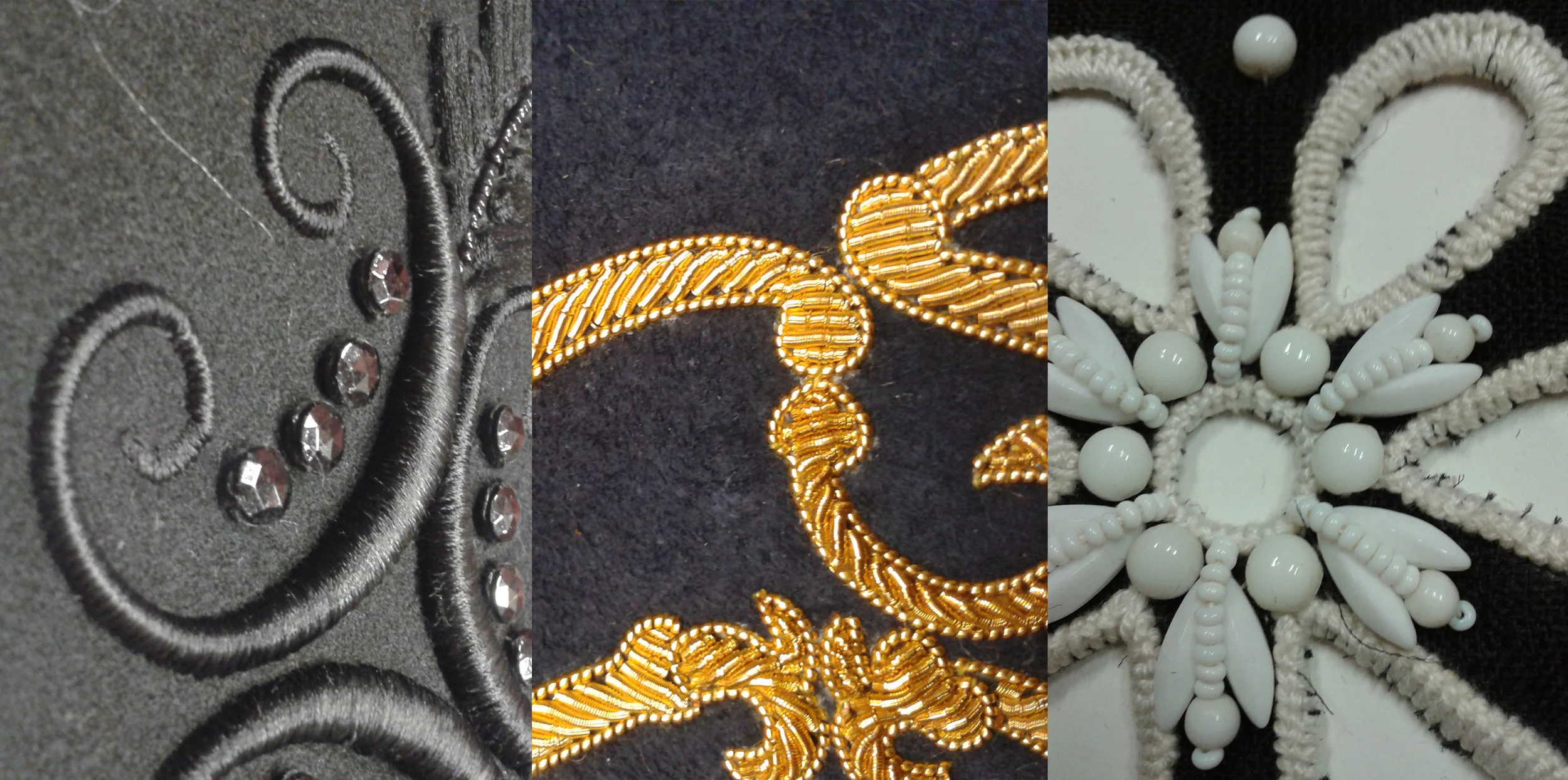 Detail of padded satin stitch, Gold work and beaded cutwork from The Hand & Lock's archive.