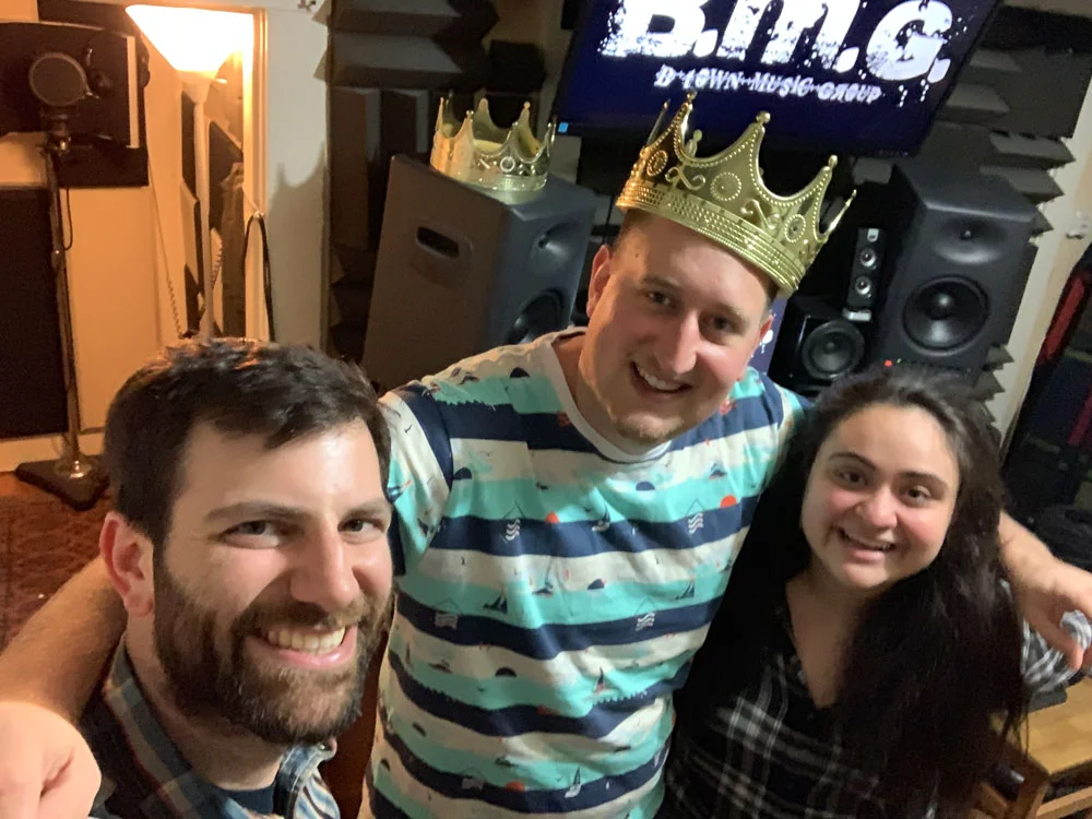 Here’s a picture of us recording with the engineer. Yes he was wearing this crown when he greeted us at the door. I obviously do not know why.