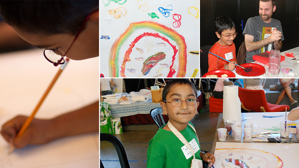 (left) Amaey creating art in 2009 at our very first art workshop in Pixar's big art room. (right) With Artist Alex Puvilland of DreamWorks in 2010.
