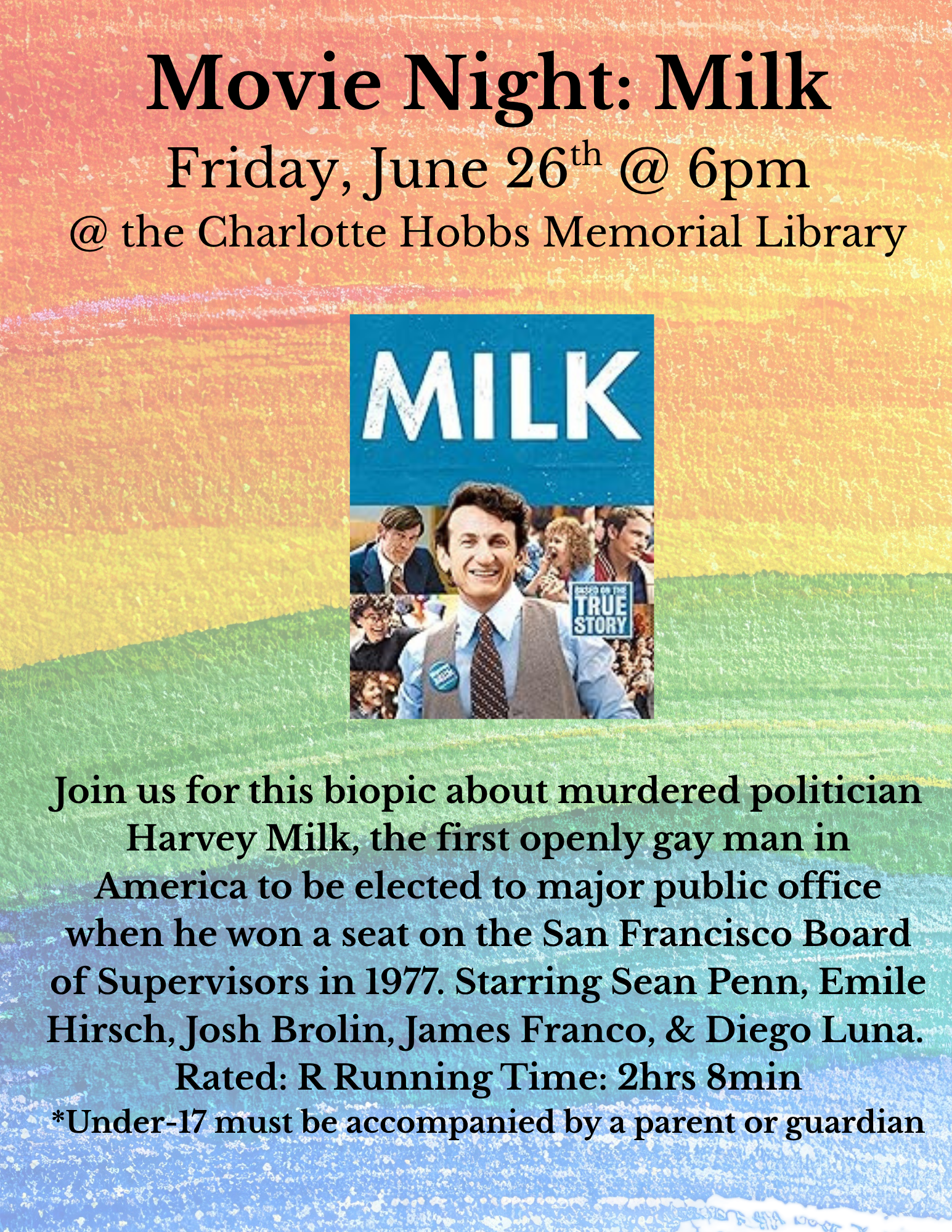 Movie Night Milk Friday, June 26th @ 6pm @ the Charlotte Hobbs Memorial Library.png