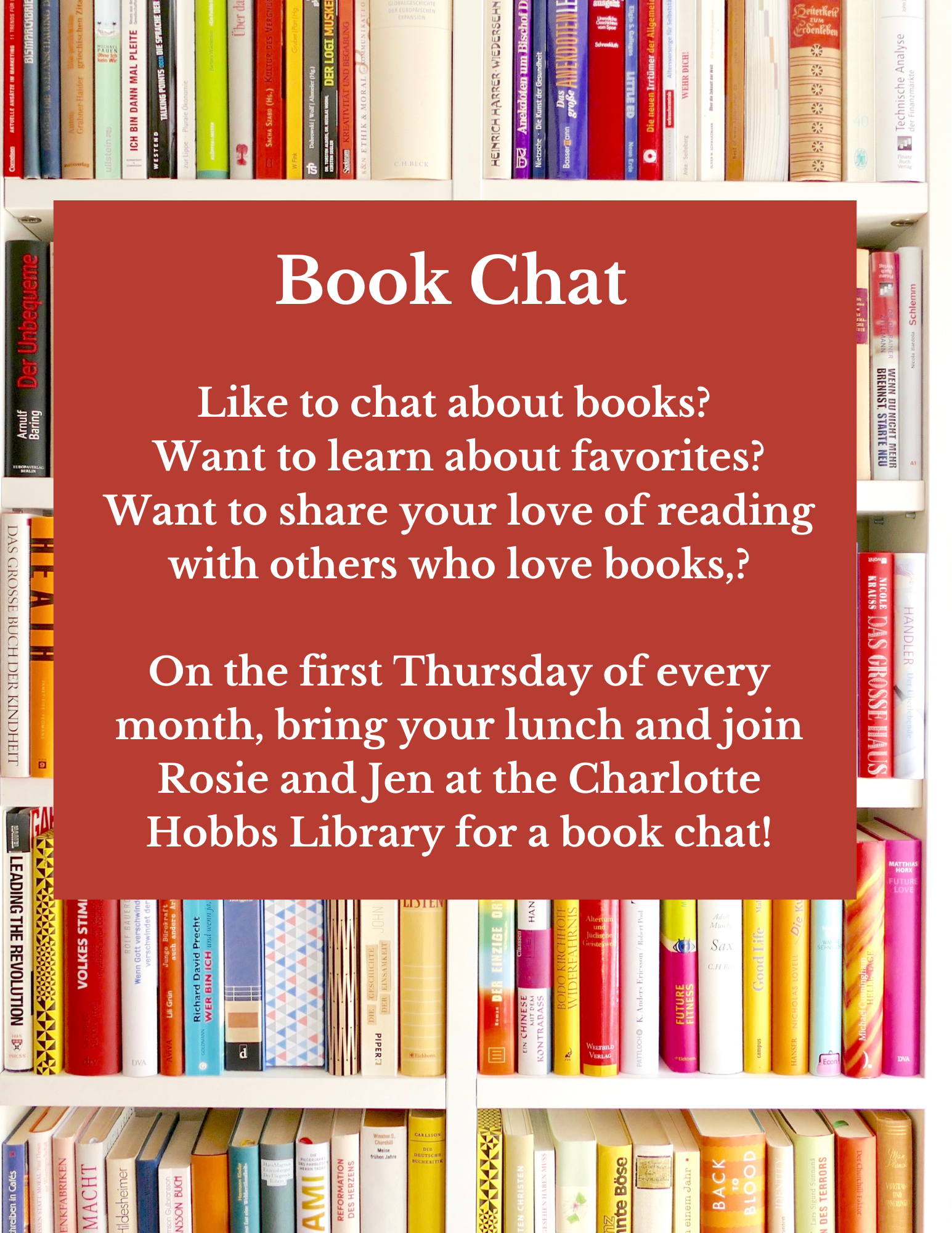 Book Chat is back! Like to chat about books Want to learn about favorites Want to share your love of reading with others who love books, On Thursday, March 7th @ noon, bring your lunch and join Ro.png