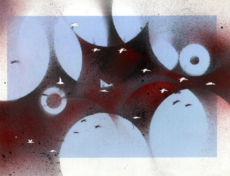 Collage 2 / spray paint, graphite, and cutouts on printed paper / 8.5" x 11" / 2008
