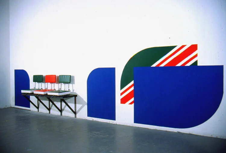 Sidelines 2 / steel, neoprene, latex paint, and stadium cushions / variable dimensions / 2002