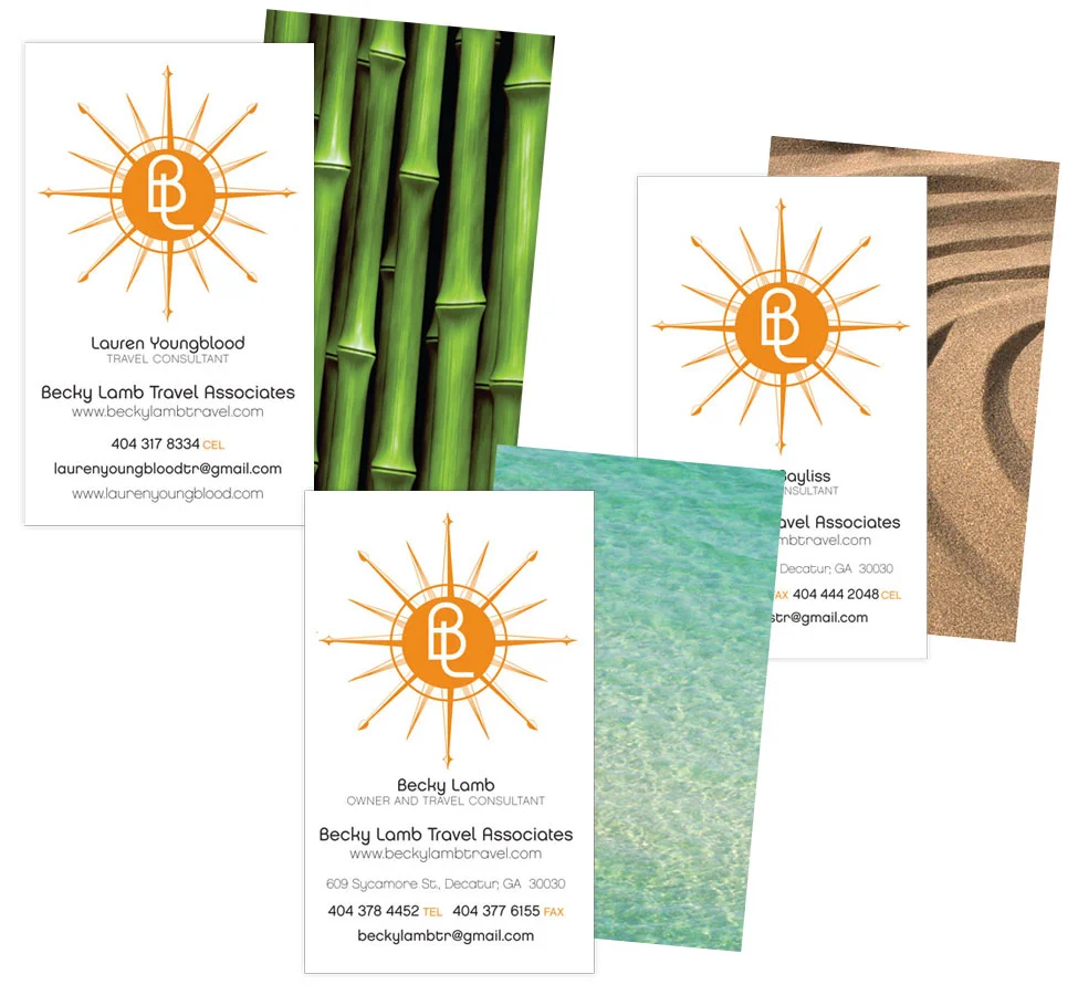 Logo, branding and business cards for owner and 5 staff persons of boutique travel agency, each with a different photograph on the reverse