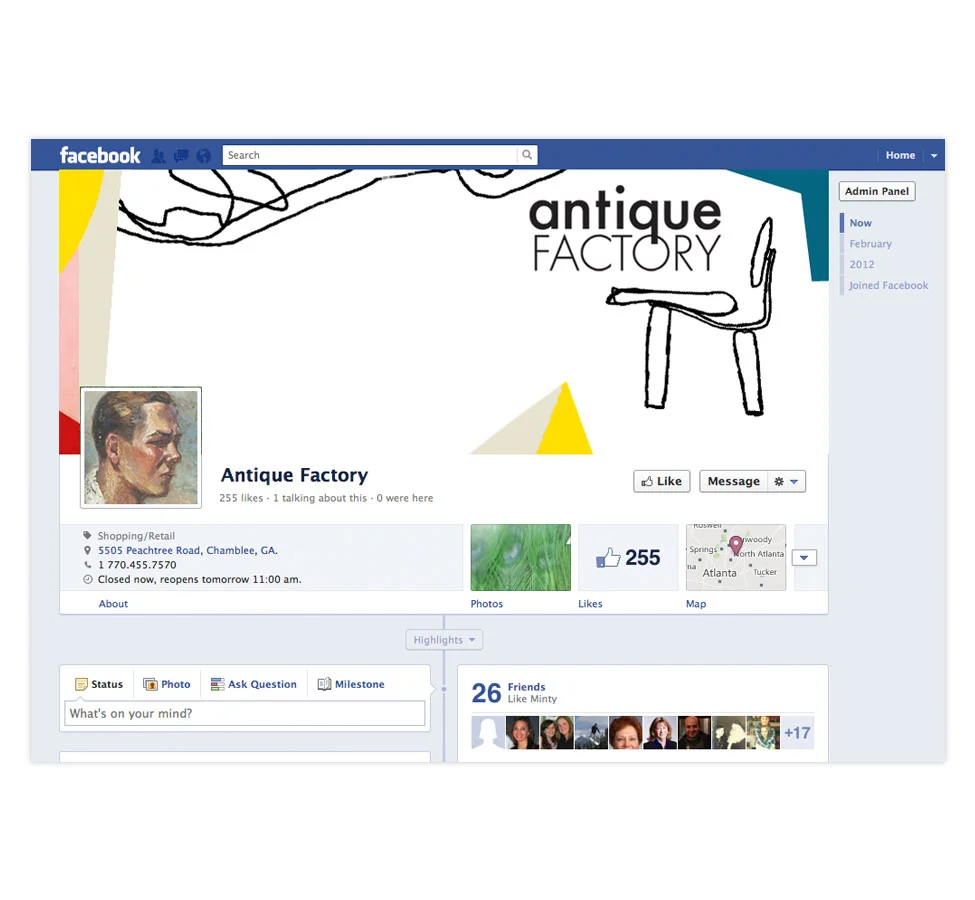 Facebook cover and avatar for antiques dealer and retail venue