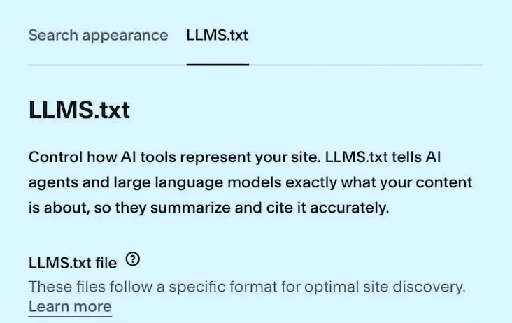 screenshot of Squarespace llms.txt UI