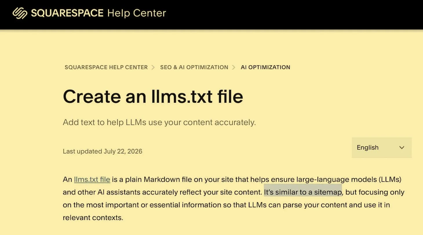 screenshot of Squarespace documenation for llms.txt