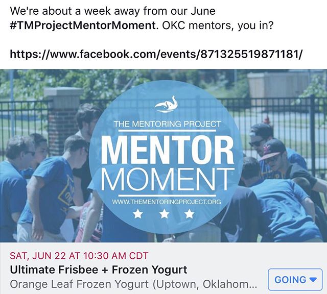 Just a few more days until our June 2019 #TMProjectMentorMoment! #OKC mentors, you in? #UltimateFrisbee + @orangeleafuptown
#MentorMoment #Mentor #TMP #TMProject #TMPOKC #EveryChildDeservesAMentor