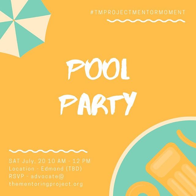 OKC mentors - let's cool off in the pool this summer! Join us for our July 2019 #TMProjectMentorMoment as we host a private pool party. #MentorMoment #Mentor #TMProject #TMP #TMPOKC #EveryChildDeservesAMentor #Summer #Swimming
Disclaimer - in order to participate you must have a TMProject waiver on file and be a part of The Mentoring Project's programs or network of Mentor Link organizations. Please contact advocate@thementoringproject.org if you have questions about getting involved in TMProject's programming.