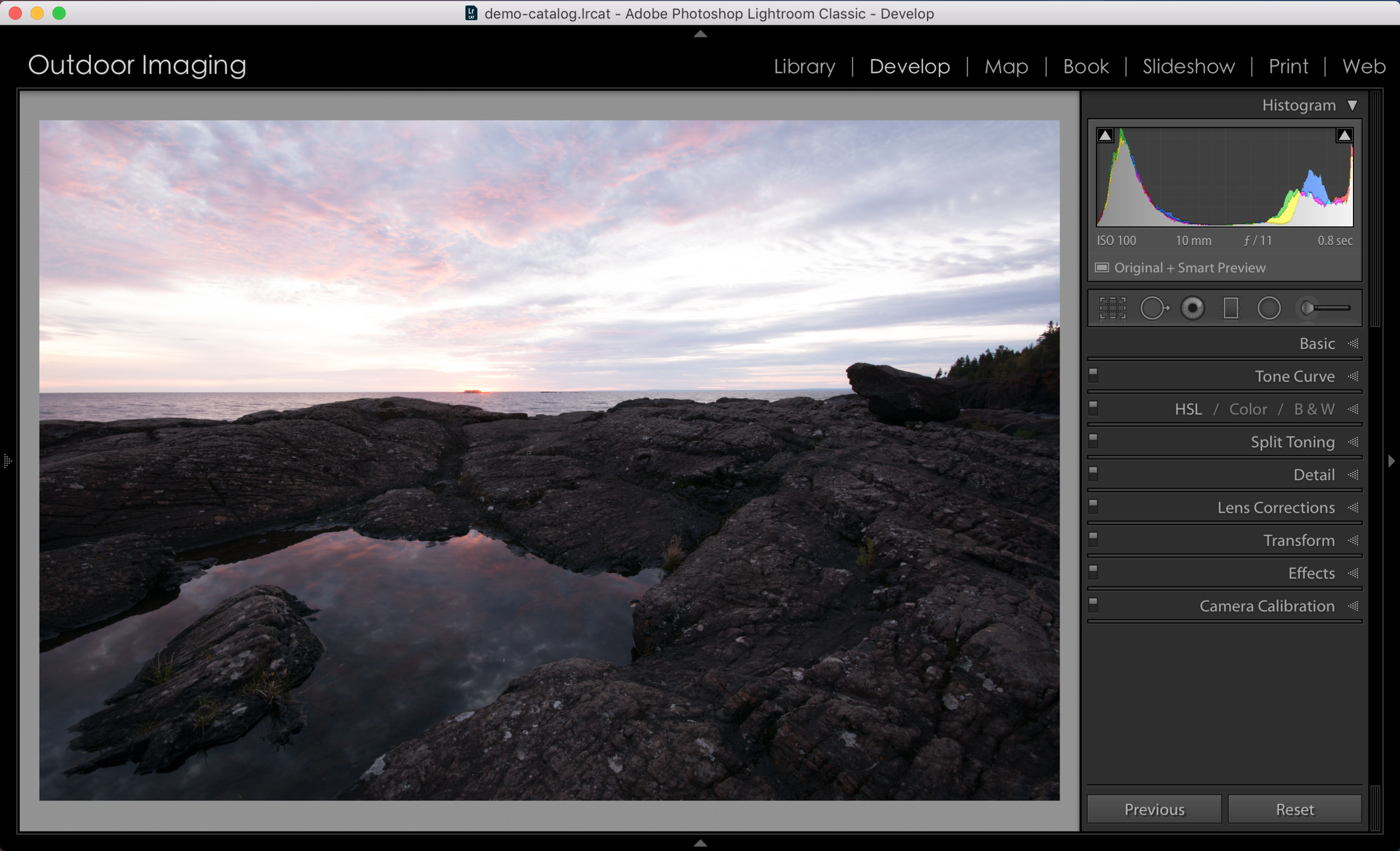 In the original image above, you can see via the Histogram that there is a lot of tonal information in shadows (left side of Histogram) and good amount of tonal information in the highlights (right side of Histogram). And looking at the image itself you an see how the Histogram corresponds to tonal difference in the image between the dark foreground and the bright sky. You can see that there is little information in the midtones of the image - it's mostly a bright or dark image.