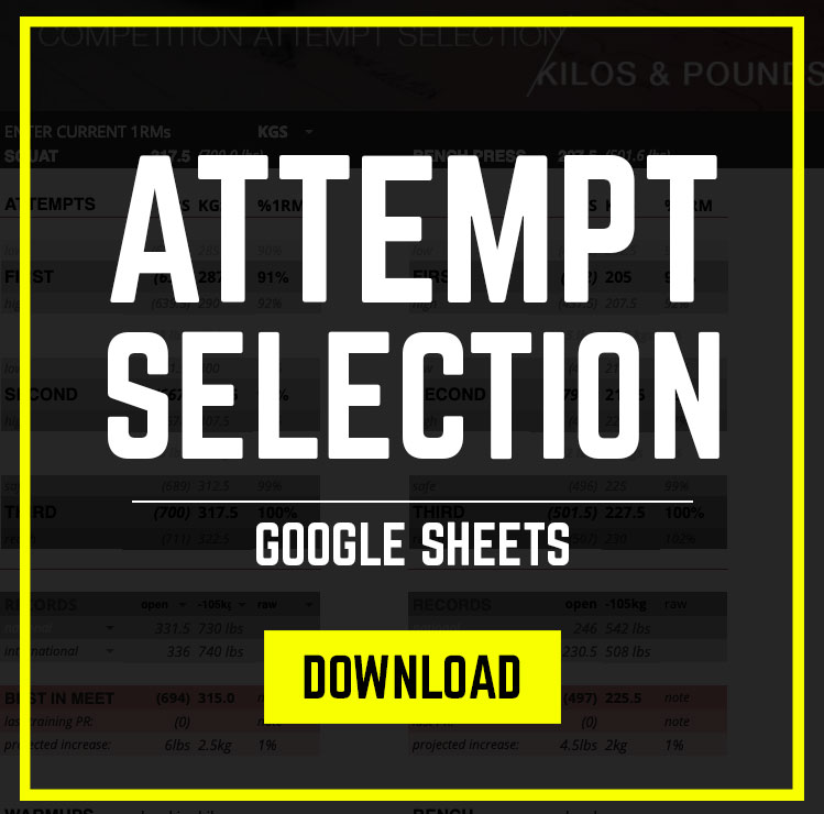 NOTE: YOU MUST CLICK FILE > MAKE A COPY and make a copy of the file into your own Google Drive account. This year, we've made some small enhancements to our well-used attempt selection sheet. Warmups and attempts are now on a single page which prints in portrait view instead of landscape. Pages now have an athlete picture for a personal touch and making sure the right attempt gets entered. The instructions page now includes a few tips for higher success. Imports meet history from OpenPowerlifting and now includes IPF points.