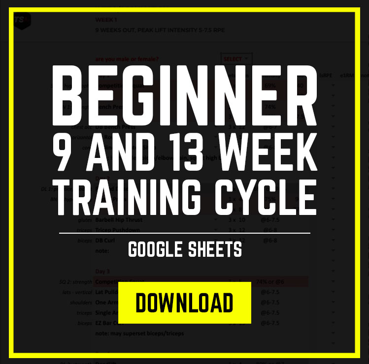 NOTE: YOU MUST CLICK FILE > MAKE A COPY and make a copy of the file into your own Google Drive account. This is the beginner training approach we wish we had when first starting powerlifting. Enjoy! Included is a guide on RPE, full FAQ, and reference tab with warmups, starting sports psychology, and more.