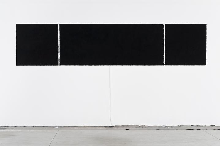 Untitled (black on red, black on black, black on green \ burnt salt triptych), 2010 | Burnt salt, dye, lead, refrigerator motor