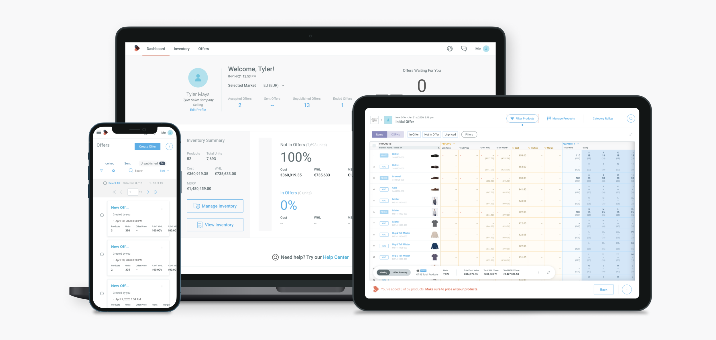 MacBook Pro - Dashboard | iPad - Negotiation Linesheet | iPhone - Offers Landing