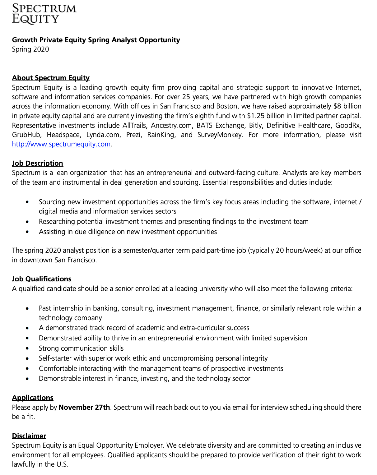 Spectrum Equity Spring Internship — Stanford Women In Business