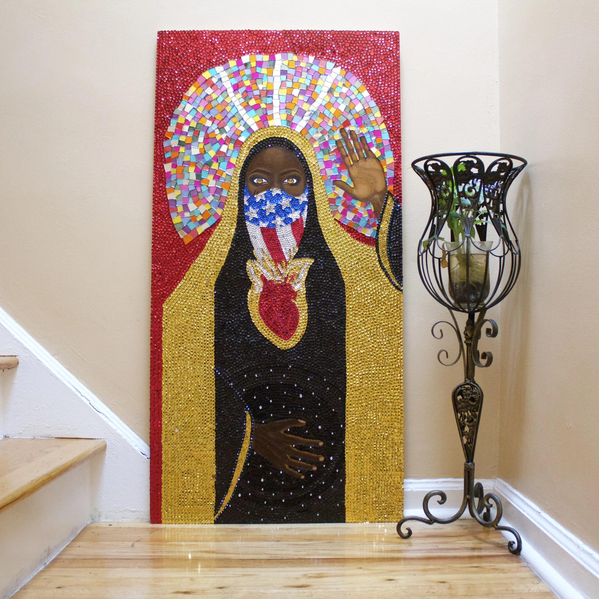 sibyl #3 / zili dechennen (zili unleashed), acrylic, sequins, faceted jewels, rhinestones and glass on wood, 2015 .