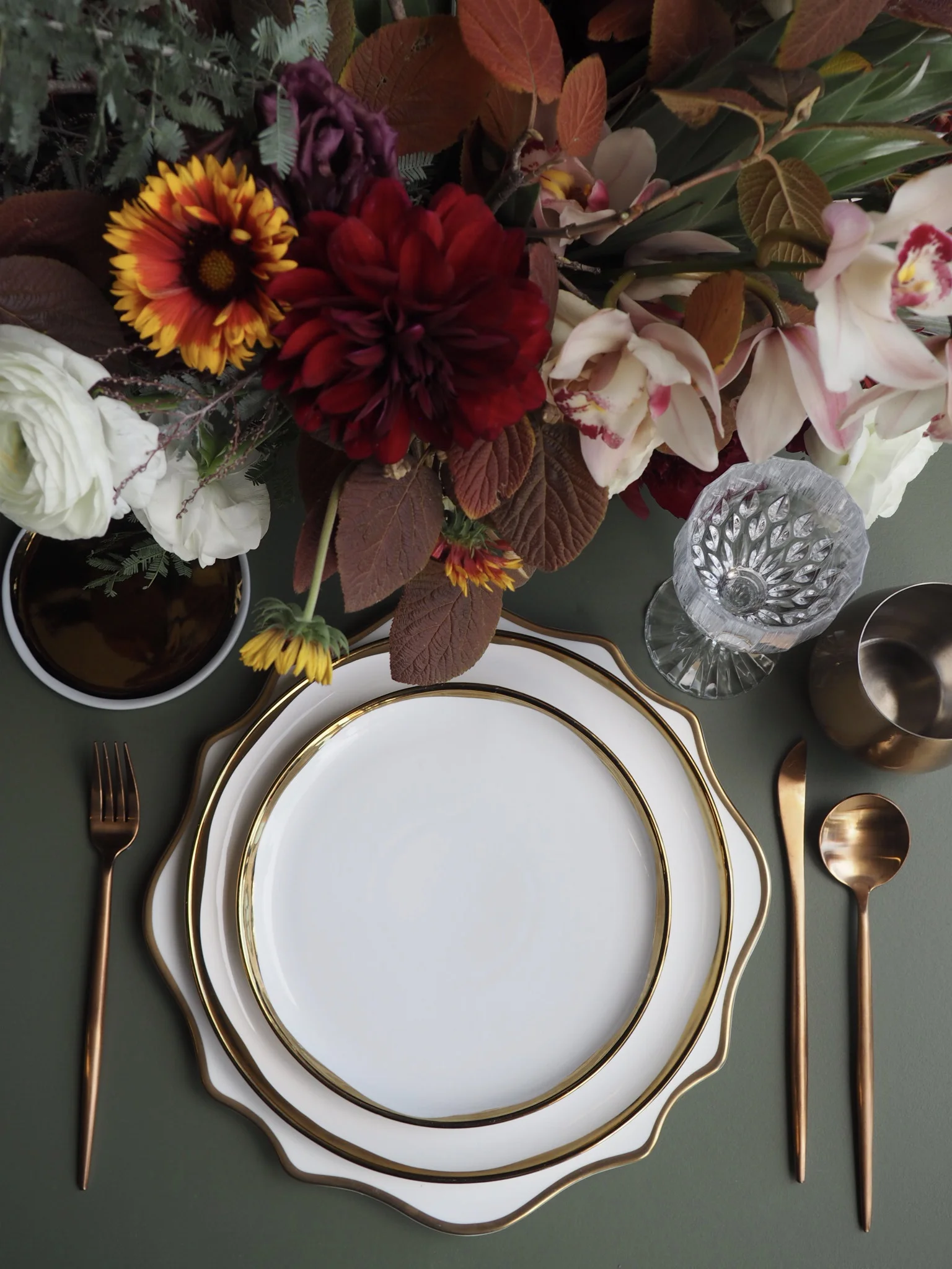 Featuring: Eclectic Crystal Goblet, Gold Stemless, Rose Gold Flatware, Aura Scalloped Gold & White Charger, Aura Gold & White Dinner Plate, Aura Gold & White Salad Plate & Gold & White B+B.