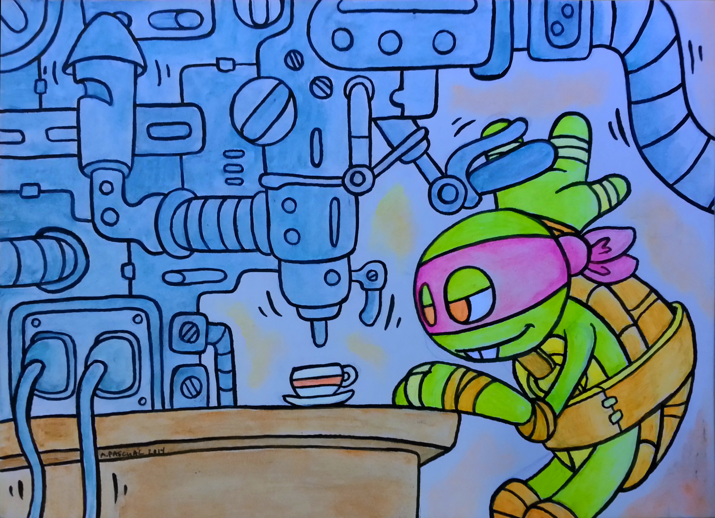 "Donatello does Machines" 5" x 7" acrylic & ink on matteboard