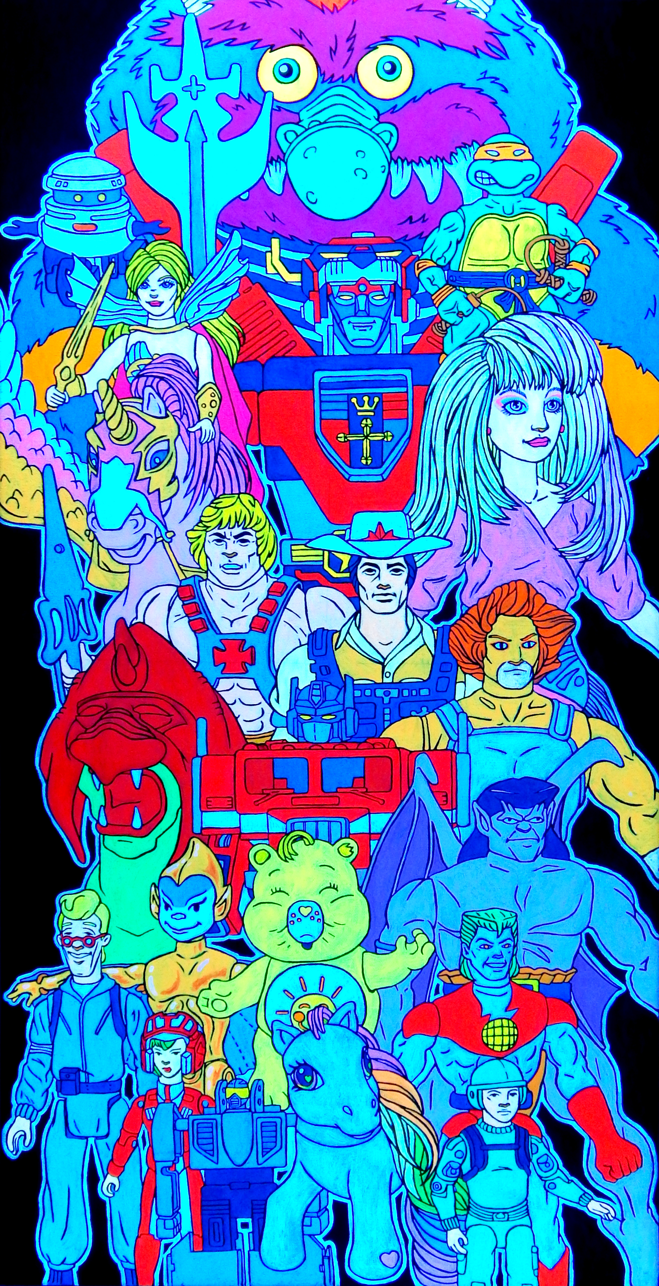 "The Toy Box" - ink & black-light acrylic on canvas 18" x 36"