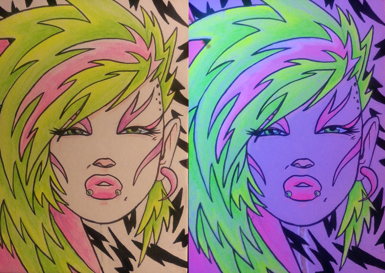 "Pizzazz" - 5" x 7" acrylic on matte board w/ black light