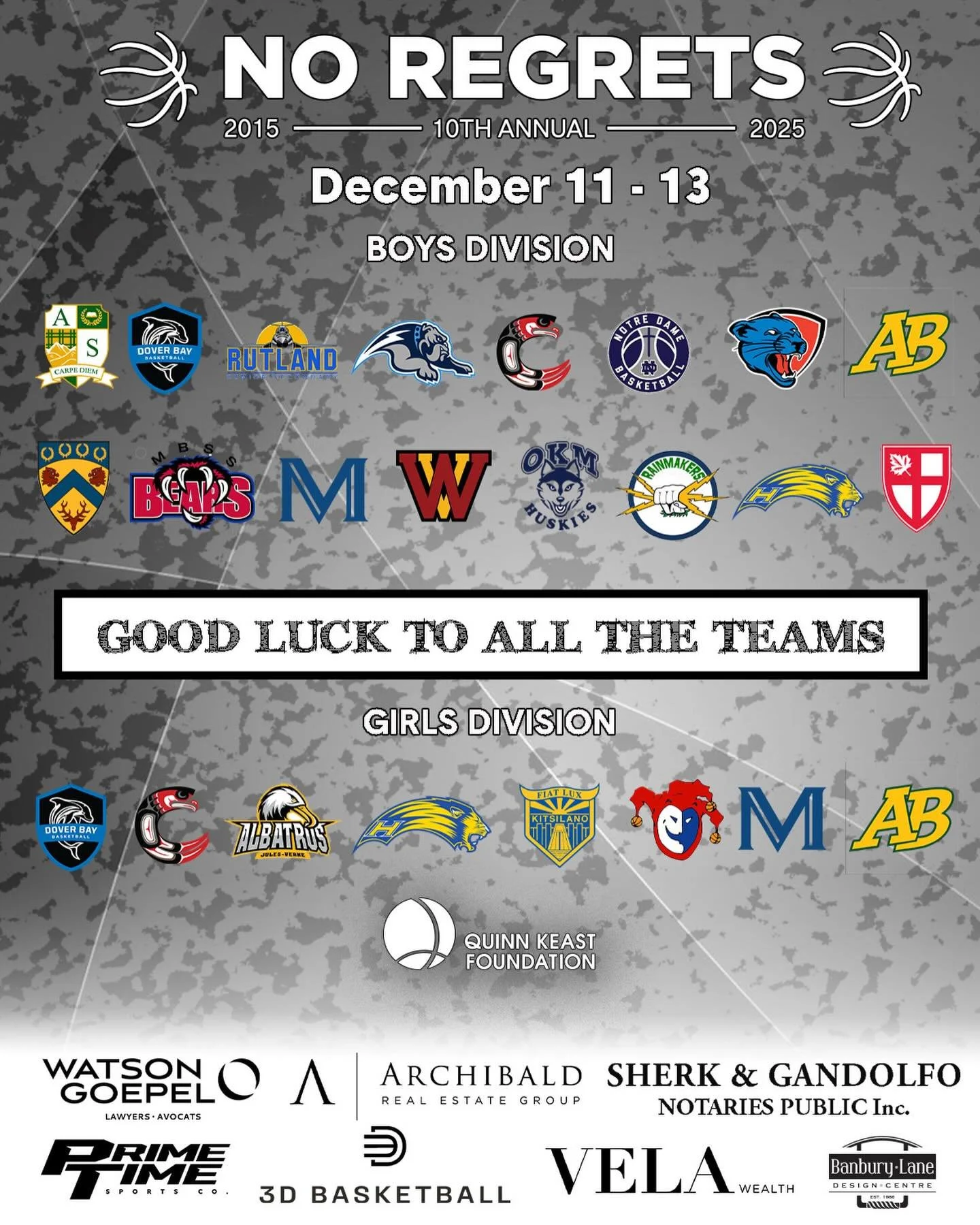 We are proud to host our 10th Annual NO REGRETS Tournament starting tomorrow morning! Good luck to all the boys&rsquo; and girls&rsquo; teams&mdash;thank you for being part of something meaningful!

#noregrets2025