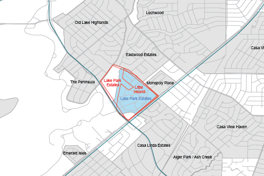 Boundaries for Lake Park Estates as drawn on the POP Neighborhood Map and as submitted online
