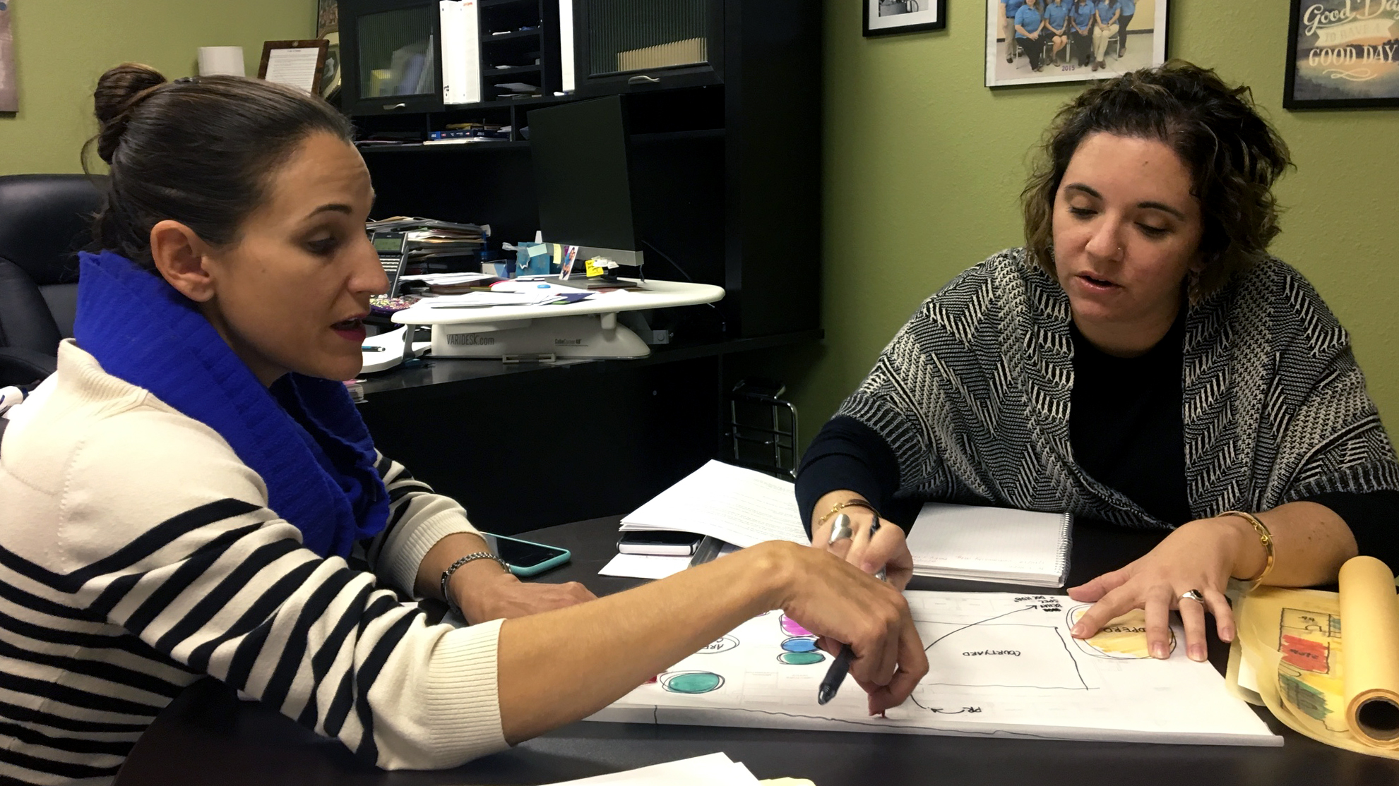 Rebecca of the Hope Family Health Center and Carolina of ORANGE-MADE discuss schematic design ideas for HFHC's new facilities. The project is currently in the implementation phase and expected to be completed in the spring of 2017.