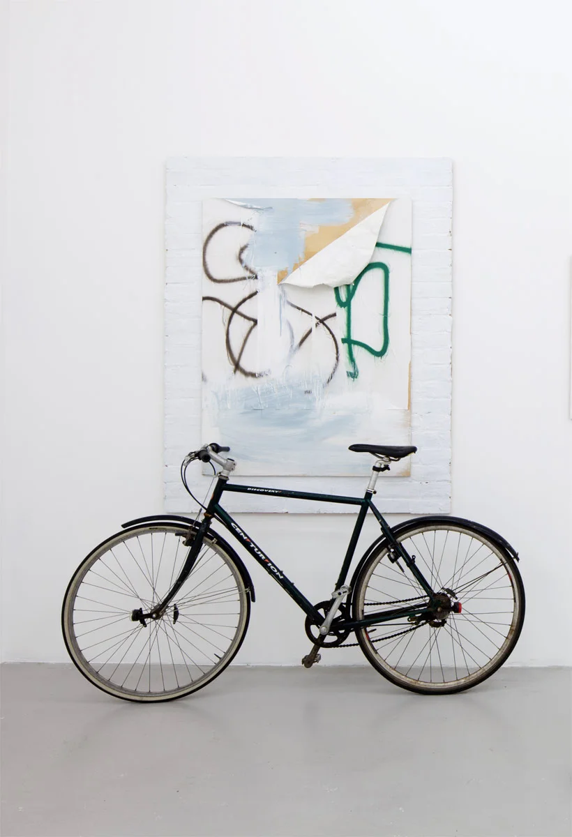 Untitled, 2012, app. 220 x 168 cm Mixed media on board and bike