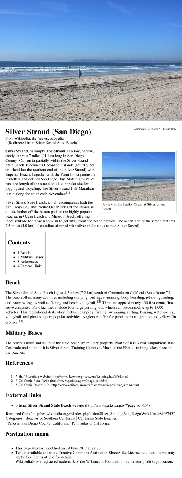 David Horvitz, 'Public Access (Silver Strand, San Diego)' Ongoing wikipedia intervention. In 2009 and 2010 Californian artist David Horvitz drove up the entire California coast with various friends. The trip started at the beach just north of the Mexican American border and ended in Oregon at Pelican State Beach. Along the way Horvitz made photographs of over 50 different state beaches. In each photograph he stood anonymously on the sand looking out at the ocean, reminiscent of Bas Jan Ader or Caspar David Friedrichsen. The photographs were then uploaded to each of the specific beach's Wikipedia page to illustrate the articles. His intention was for these images to become the visual meta data for the specific beaches, and for the images to openly circulate as they are sourced and resourced online. At one point a discussion emerged on Wikipedia discussing the legitimacy of his photographs. This resulted with many of the photographs being deleted.