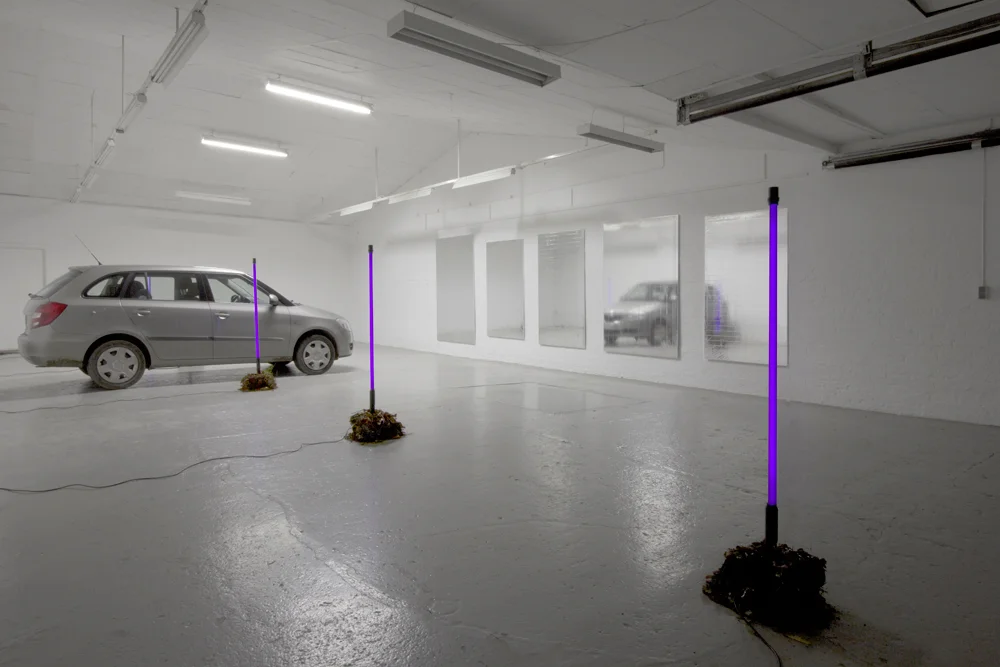 NEW PAINTINGS CAUGHT IN THE HEADLIGHTS OF PARKING CARS, 2012 Mylar emergency blankets (silver), stretchers, outdoor UV light tubes, turf, cars