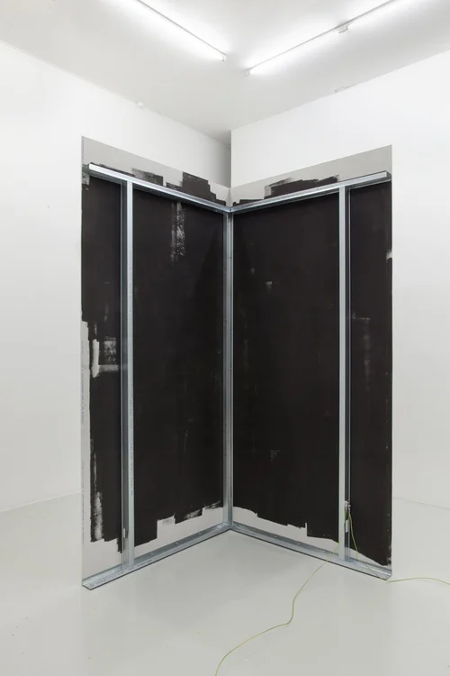 WALL_2 , 2014, 240 x 120 x 120 cm YSHIELD EMR shielding paint (wifi, cell-phone and electrosmog blocker) on drywall, metal beams, grounding cables, connection plates, grounding rod.