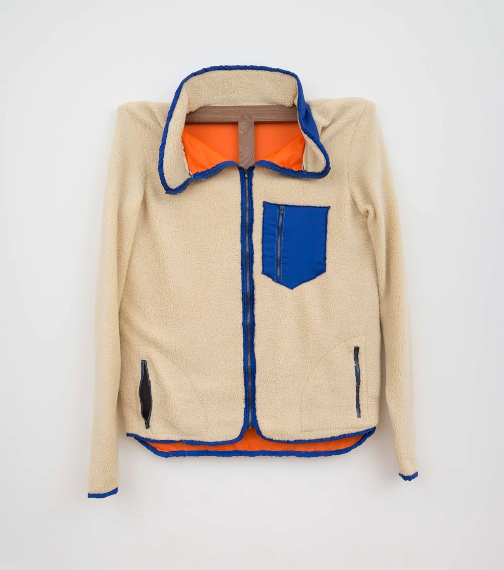 Patagonia Fleece (Blue piping), 2015, 117 x 101,5 Mixed textiles on walnut stretcher
