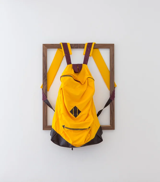 Rucksack, 2015, 117 x 101,5 Mixed textiles on walnut stretcher