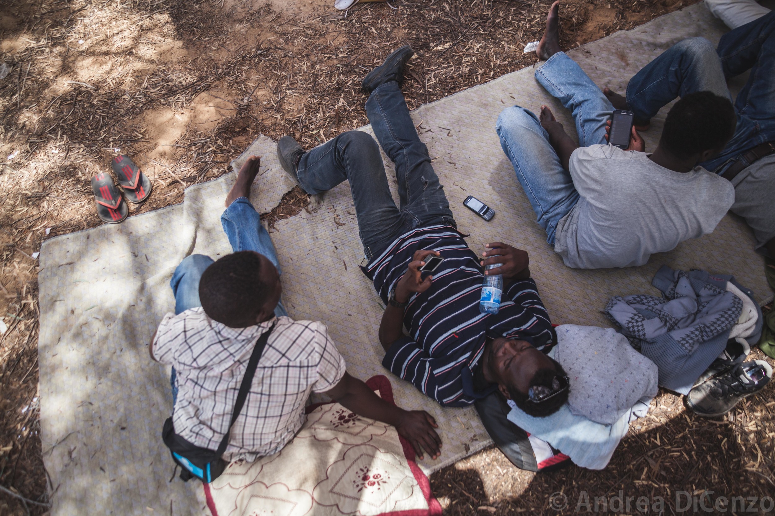  Three men rest under the shape of small trees as they protest the living conditions in Holot Detention Center.&nbsp; 