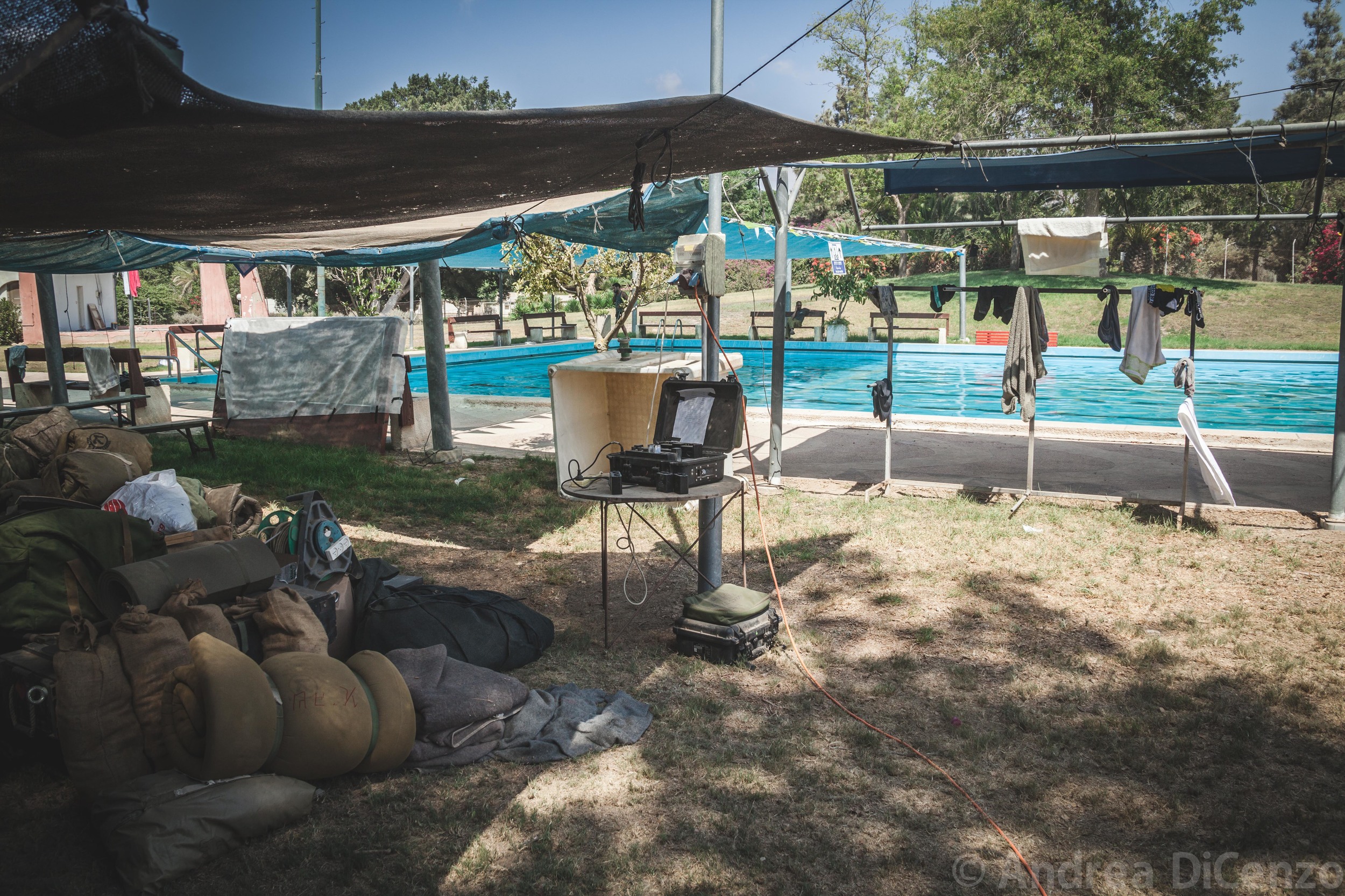  A community pool in&nbsp;kibbutz Nirim is now a temporary home stay to thirty to forty soldiers - many who are from the surrounding region. Because Nirim is in direct and constant threat from Gazan militants, soldiers have been stationed at the kibb