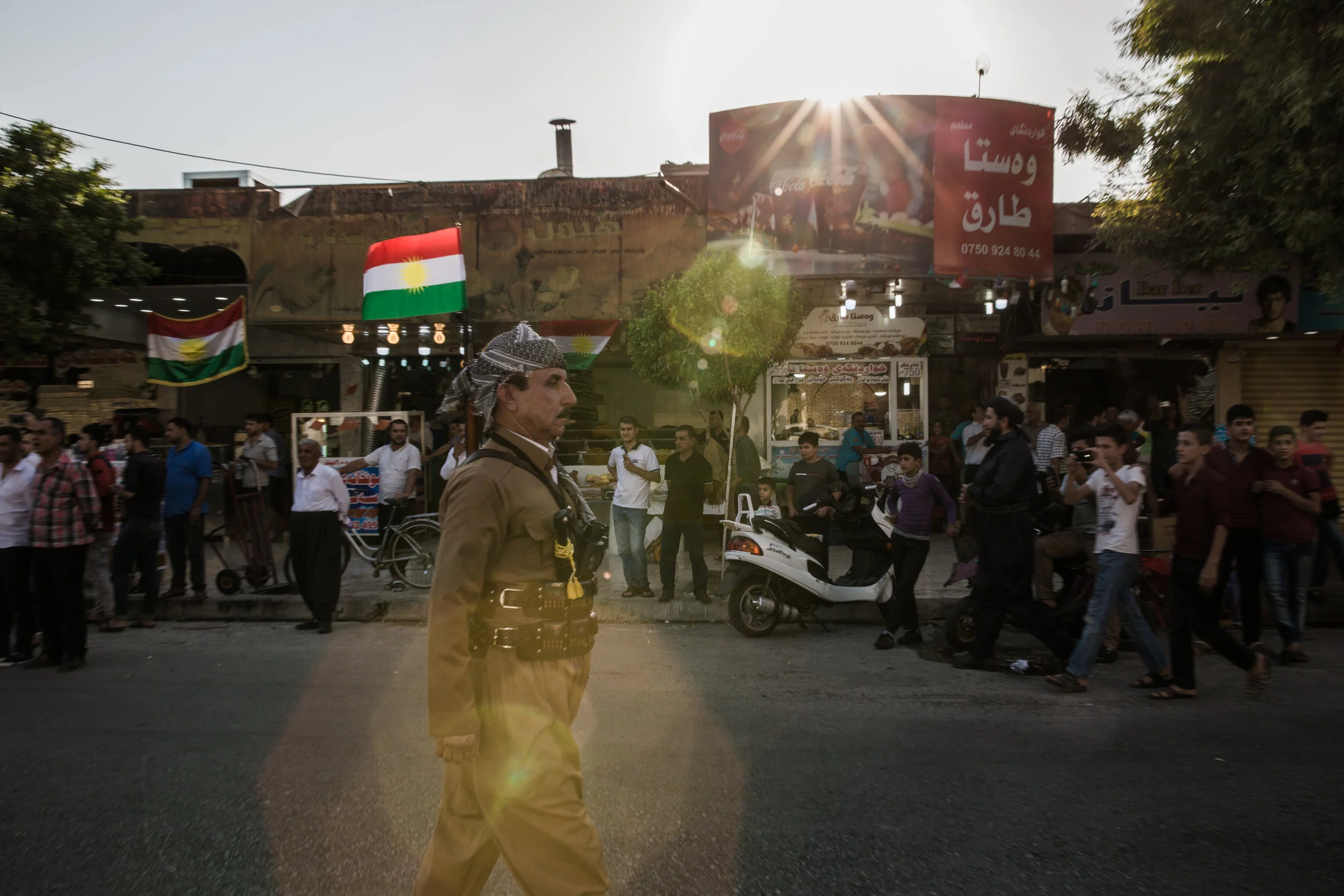 A veteran Peshmerga fighter participates in a march in the center of Erbil on September 13, 2017. The Peshmerga, once guerrillas fighting Saddam Hussein, are now a 180,000-strong infantry whose history lies at the heart Kurdistan’s nationalist identity. The vote, scheduled for September 25, 2017, has no binding effects, but is opposed strongly by Iraq’s federal government, neighboring states, as well as the U.S., which says it distracts from the ongoing war against the Islamic State.