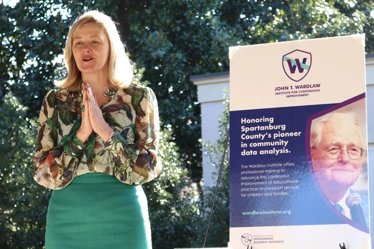 Jennifer Evins, President of the Chapman Cultural Center and Board Chair of the Spartanburg Academic Movement, expresses heartfelt thanks to the Wardlaw Family for their generous gift that launches the John T. Wardlaw Institute for Continuous Improvement as the Institute branding was revealed.